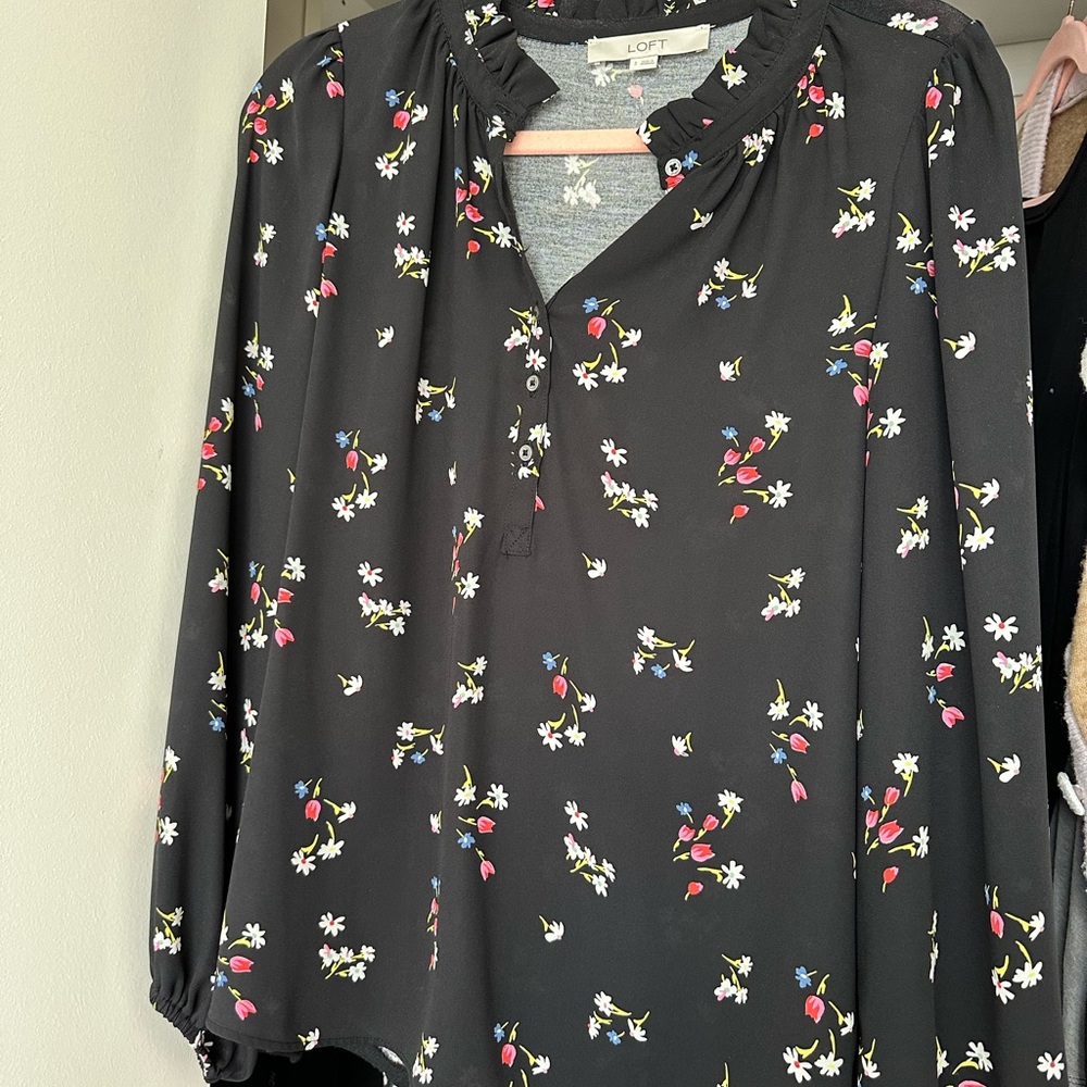 LOFT Black Blouse with Floral Accents